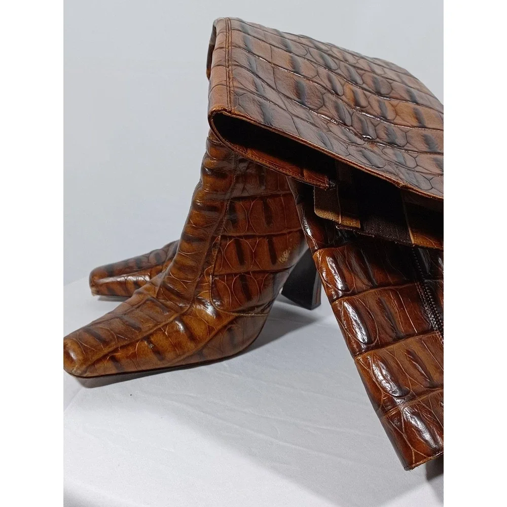 Via Spiga Boots Womens Size 8.5M Brown Croc Embossed Leather Block Heel Italy - Picture 5 of 9